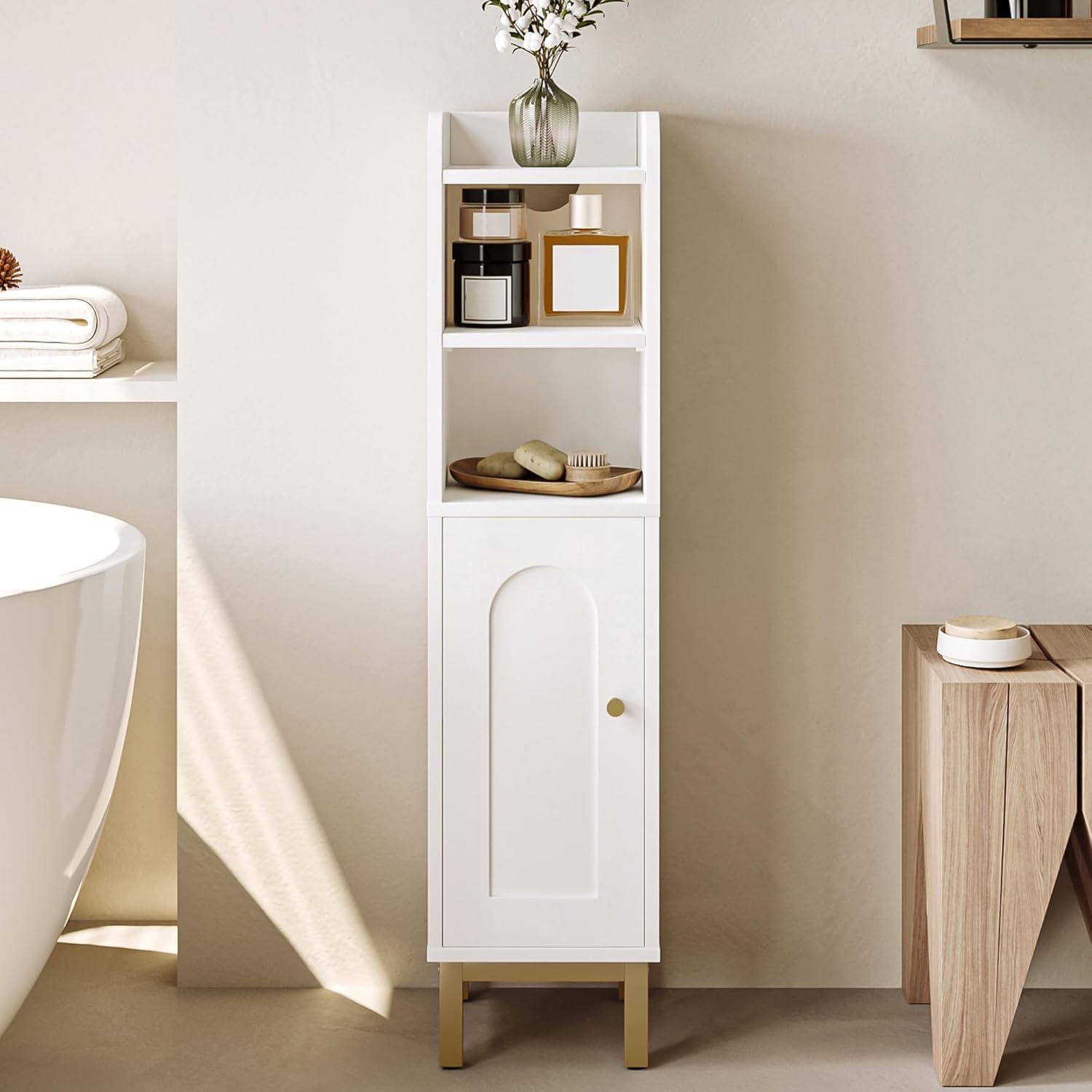 Hzuaneri Bathroom Storage Cabinet, Small Corner Floor Cabinet with Door and Shelves, Narrow Toilet Paper Holder, Bathroom Organizer with Adjustable Shelf, for Small Spaces, White BC08203X