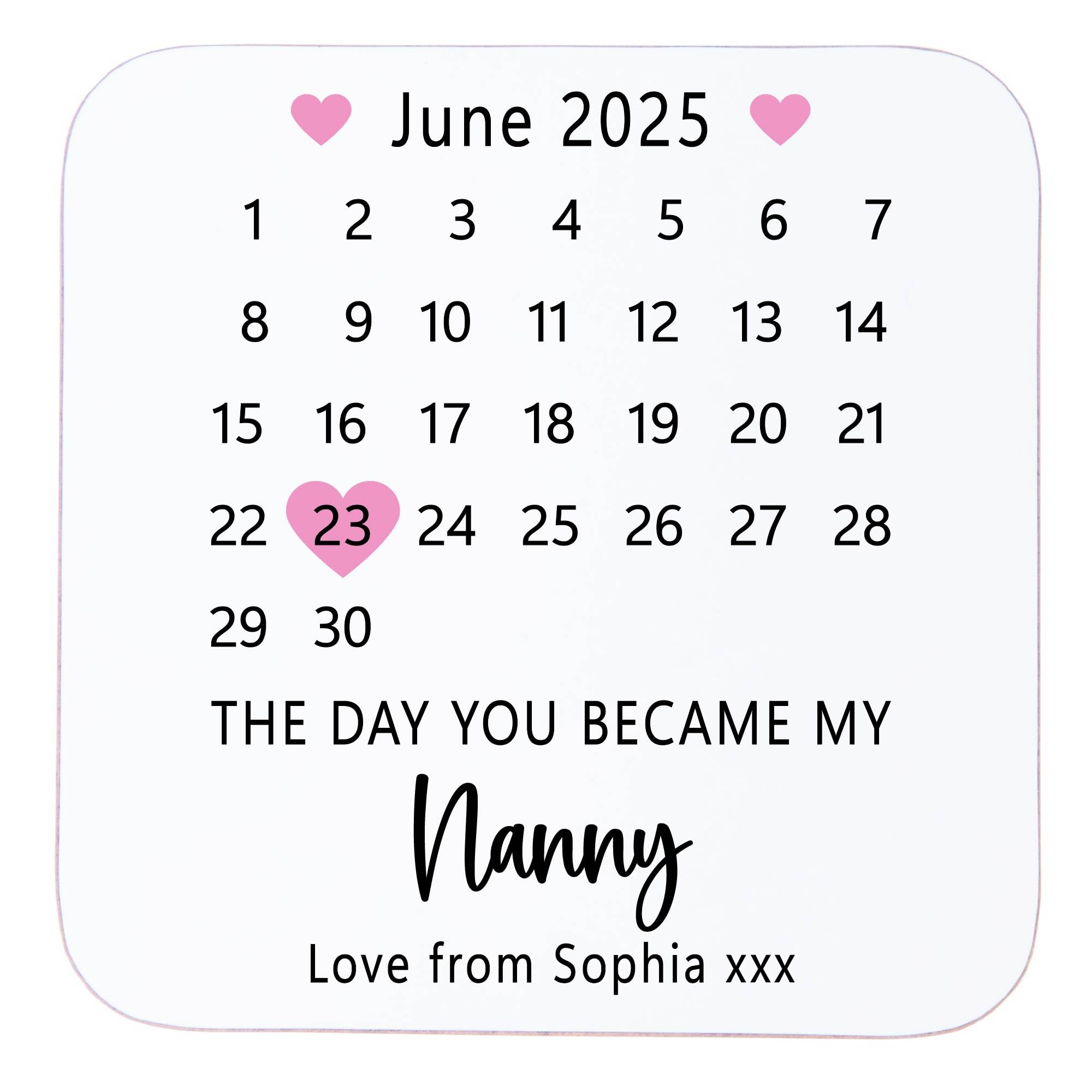 Personalised Wooden Coaster Gift | The Day You Became My Nanny Drinks Mat with Date & Love From Message