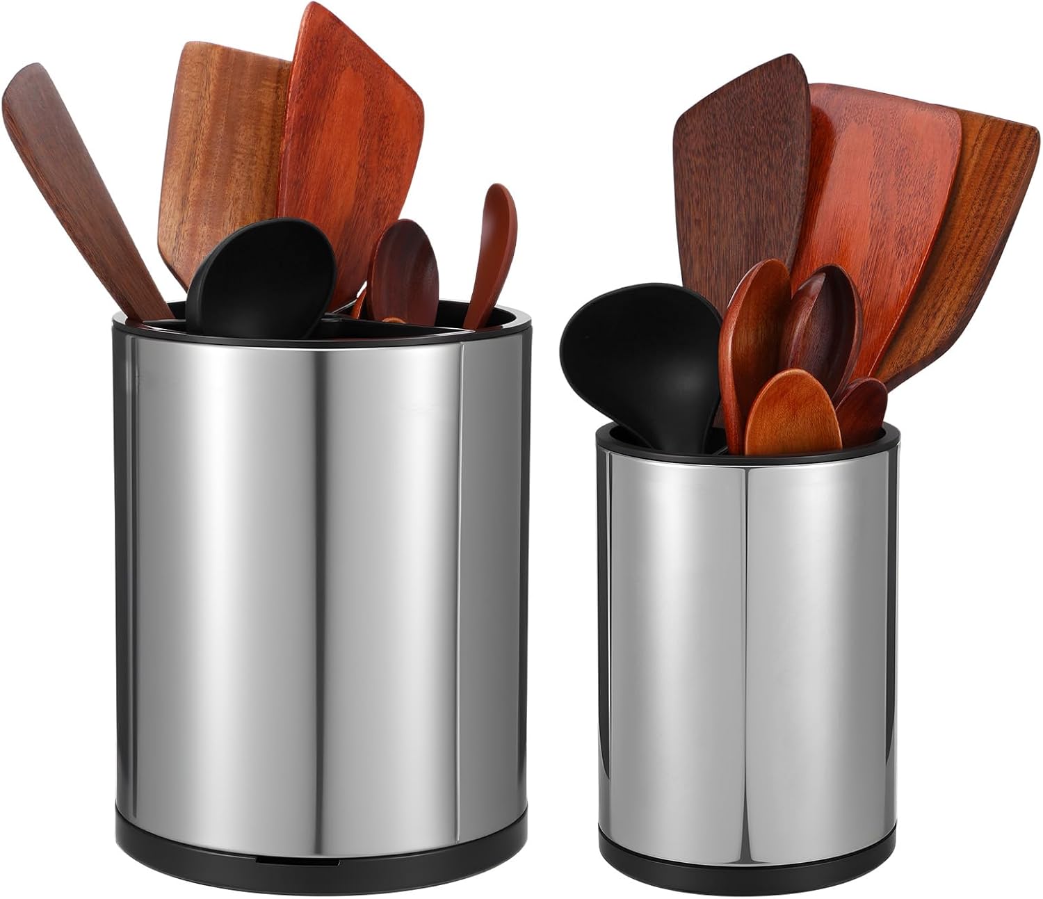 2 Pcs Kitchen Utensil Holder Set, 360° Rotating Stainless Steel Large Cooking Utensil Holder for Kitchen Counter with Removable Base, 3 Compartment Flatware Caddy for Knife Spoon Fork Spatula Tools
