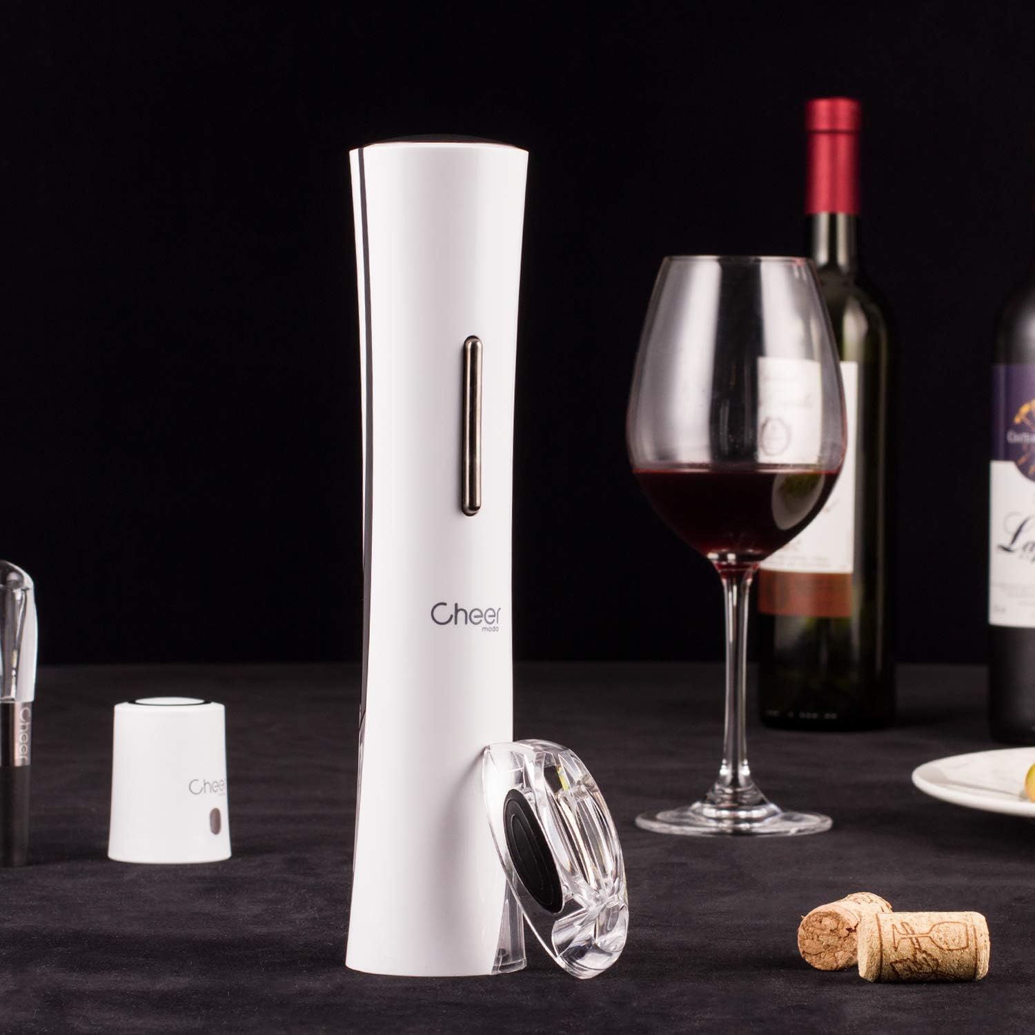 Wine Opener Gift Set - Electric Cordless Automatic Corkscrew Wine Bottle Opener with Batteries, Foil Cutter, Aerator Wine Pourer and Stopper with Date Marker(White)7717-W122-04