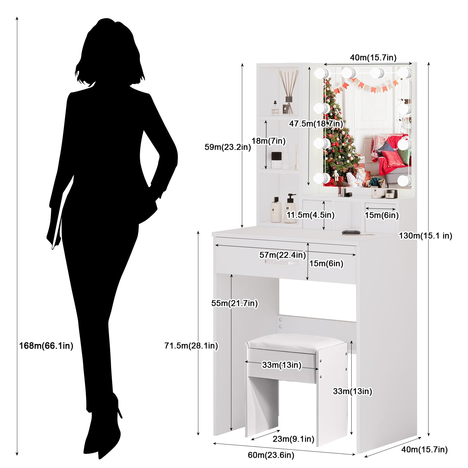 Tocadores de Maquillaje Niñas con Luz LED - Espejo 10 Bombillas Ajustables, Tocador Rosa Compacto 60 cm, Incluye Taburete