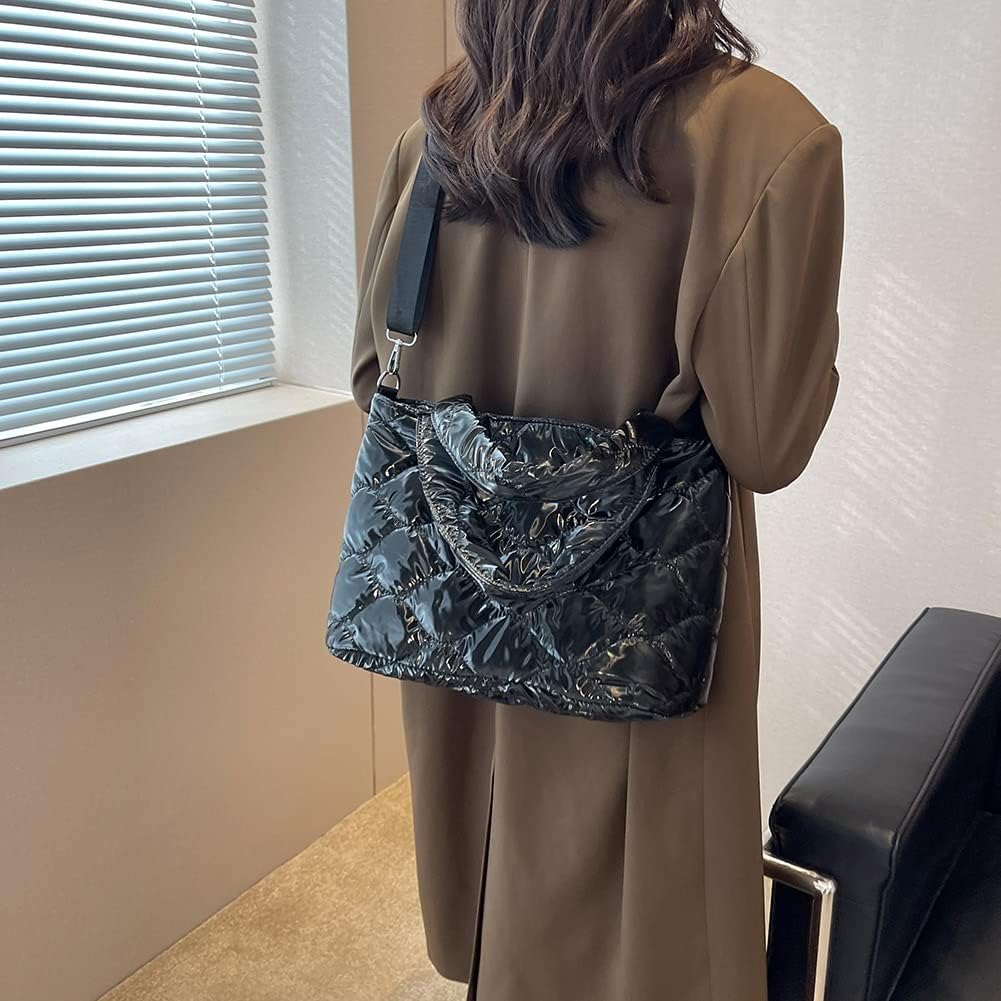 LYEAA Borsa a tracolla da donna in nylon tinta unita imbottito in cotone femminile borse in piuma casual cerniera moda invernale trapuntata donna grande tote, bianco