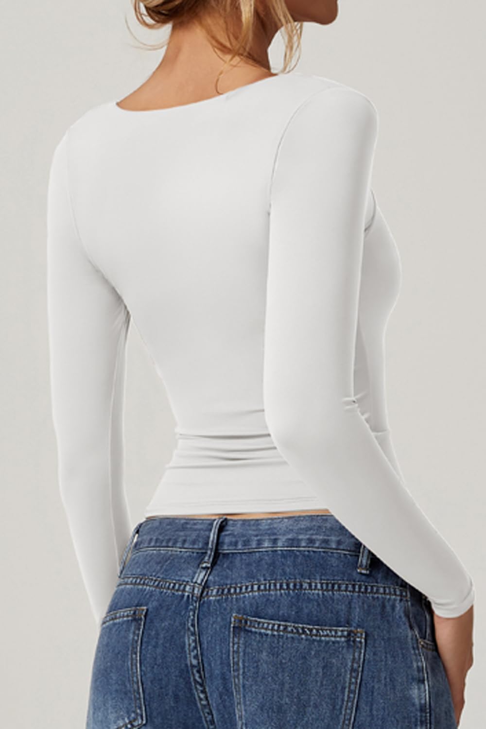 QINSEN Womens Slimming Fit Sweetheart Neck Long Sleeve Basic Crop Tops Stretch Going Out Tee Shirt - Image 3