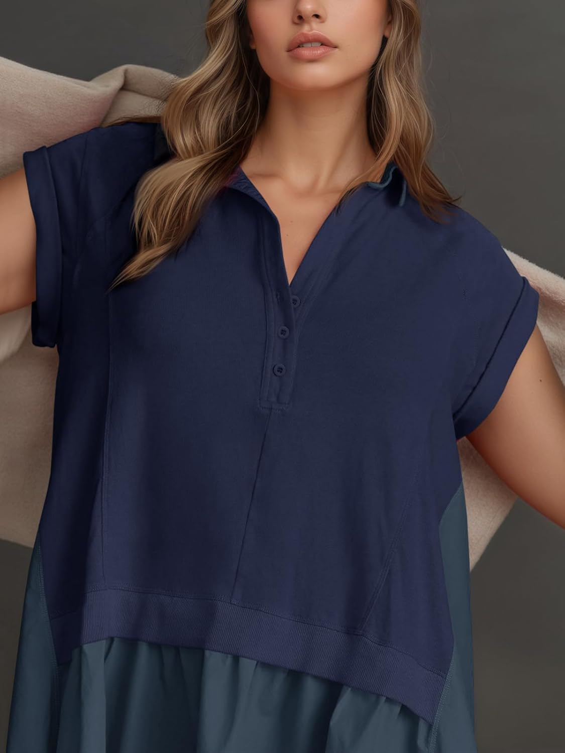 Fisoew Womens Summer Sweatshirt Dresses Short Sleeve V Neck Casual Oversized Patchwork Mini Dress Dark Blue, Large - Image 4