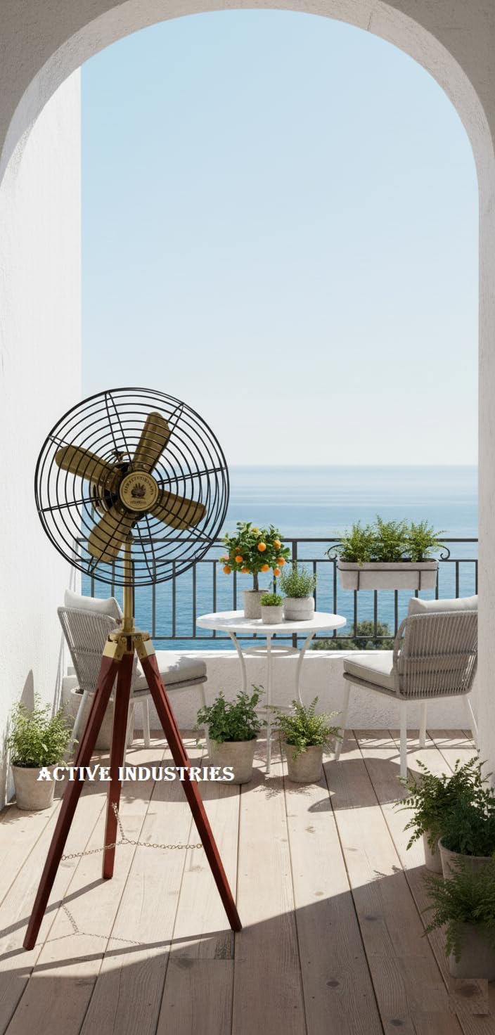 50" Antique Black Nautical Style Stand Fan with Brass and Brown Accents – Vintage Floor Fan with Adjustable Height Tripod Stand – Decorative Coastal Fan for Home or Office