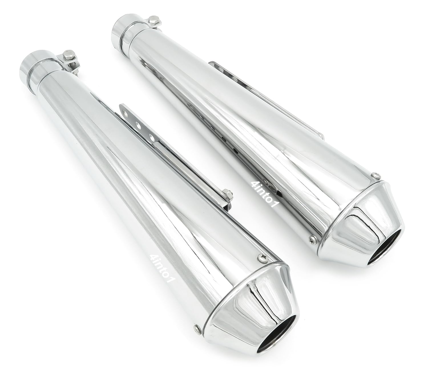 2 Pack 17" Reverse Cone Shorty Muffler with Mounting Clamp Bracket Removable Baffle - Chrome - Fits 1.5" - 1.75" Headers Using Reducers - 45mm ID Inlet Cafe Racer Brat Motorcycle ATV
