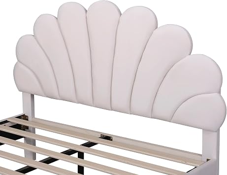 Merax Upholstered Full Bed Frame with Headboard, Special Shell Shaped Headboard Full Size Platform Bed with Slats No Box Spring Needed Beige