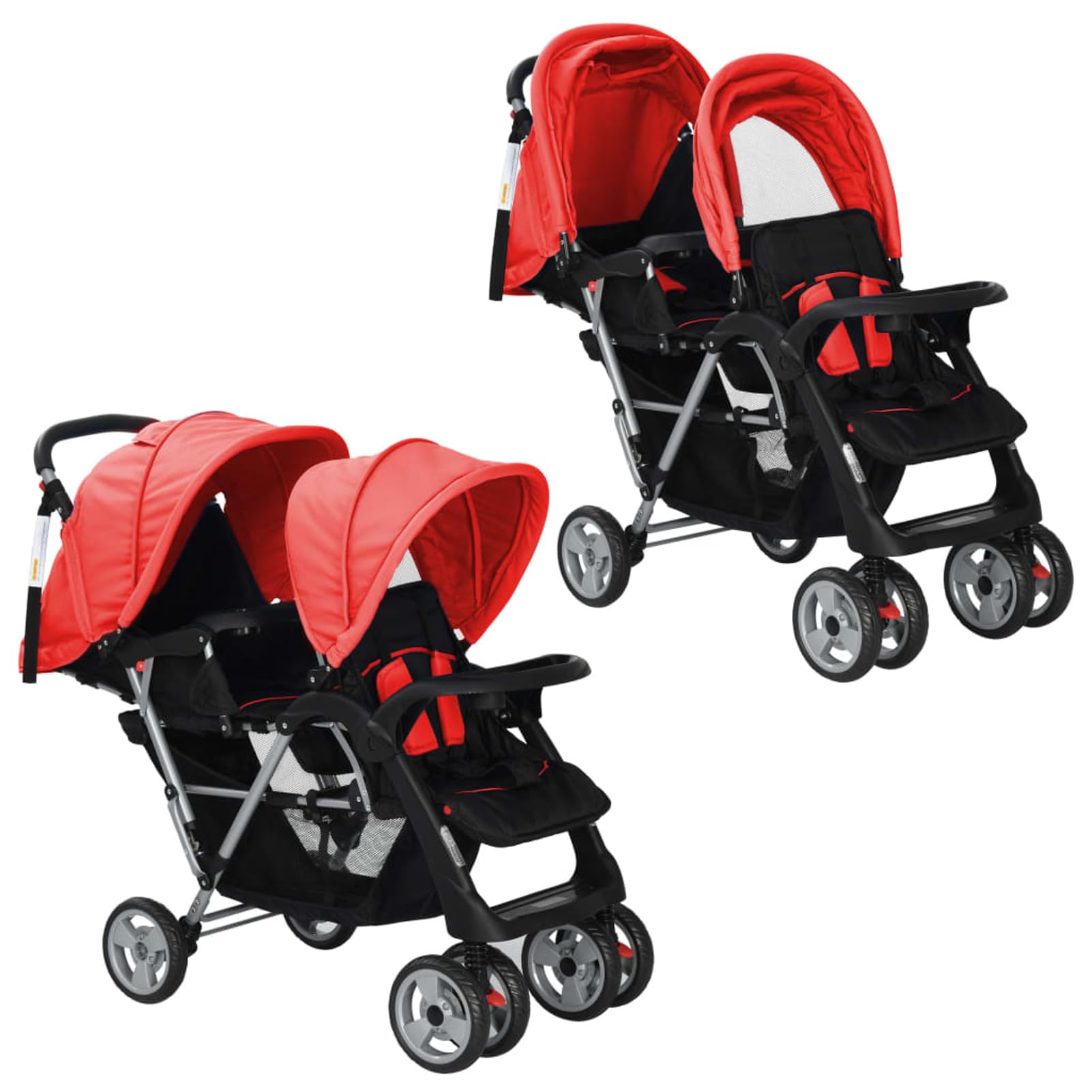 Passeggino Gemellare a Tandem in Acciaio Rosso e Nero,Bebè e Bimbi,Trasporto Bebè,Passeggini(SPU:10111)