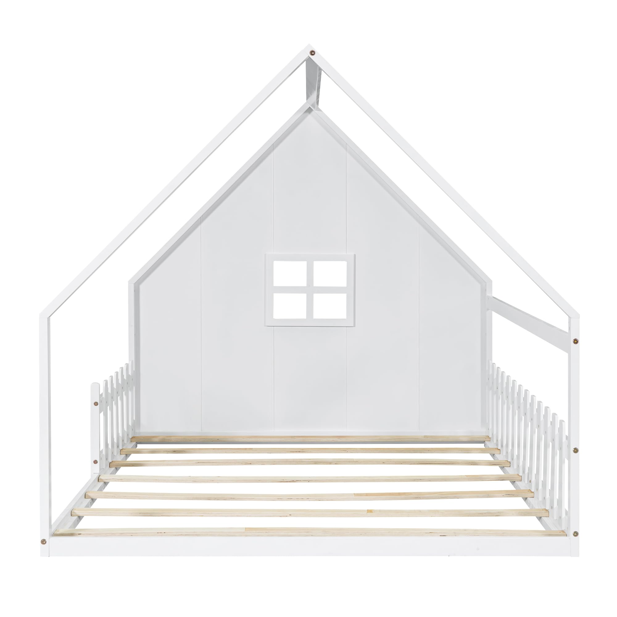 Letto per bambini a forma di casa 140x200cm, letto Montessori da pavimento con protezione anti-caduta e rete a doghe, letto in legno per bambini e bambine