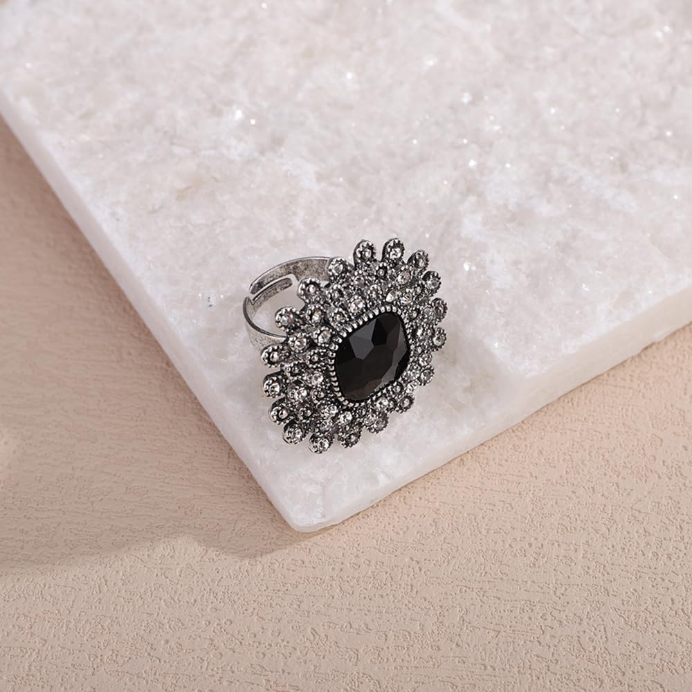 Jumwrit Boho Silver Crystal Women Statement Ring Antique Big Round Open Band Ring Vintage Rhinestone Flower Ring Exaggerated Prom Party Cocktail Accessories for Women - Image 7
