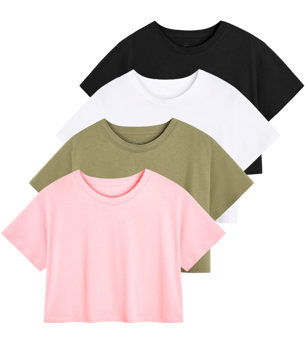 Cosy Pyro 4-Pack Women's Cotton Crop T-Shirts Short Sleeve Solid Cropped Athletic Top Round Neck Casual Workout Yoga Tees