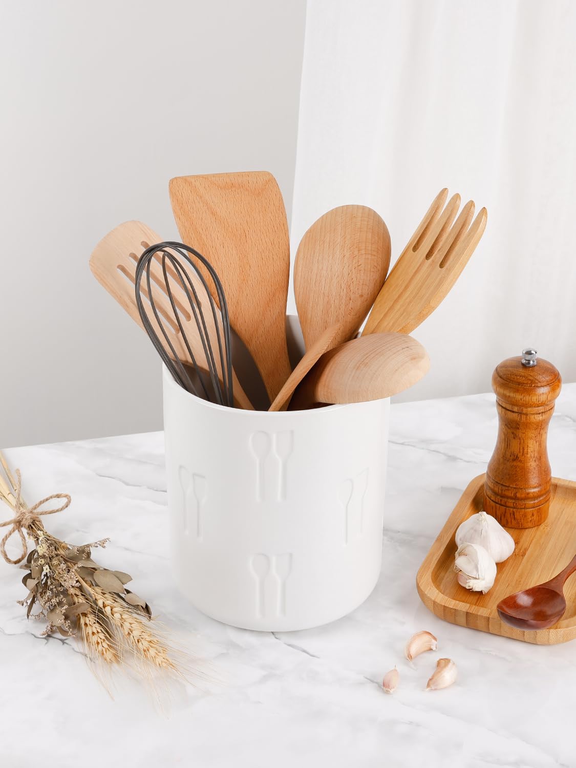Küchenutensilien Aufbewahrung Keramik, 18 x 15,5 cm Große Utensilienhalter Relief Besteckhalter für Küche, Arbeitsplatte Aufbewahrung, Utensilien-Organizer, Eiskübel, Weiß