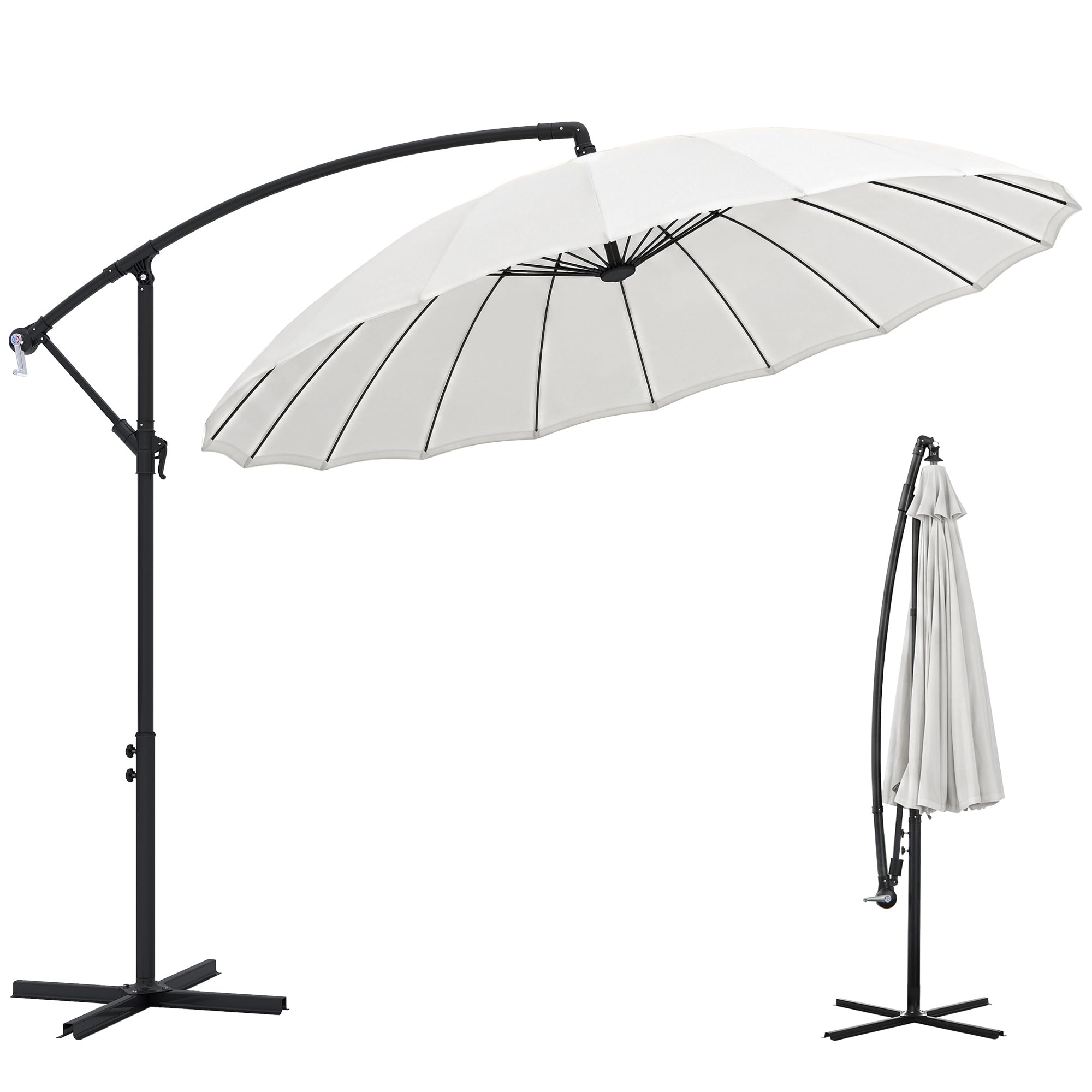 Outsunny Off-White 3(M) Cantilever Shanghai Parasol Garden Hanging Banana Sun Umbrella With Tilt And 360° Rotation, Crank Handle, 18 Sturdy Ribs And Cross Base, White