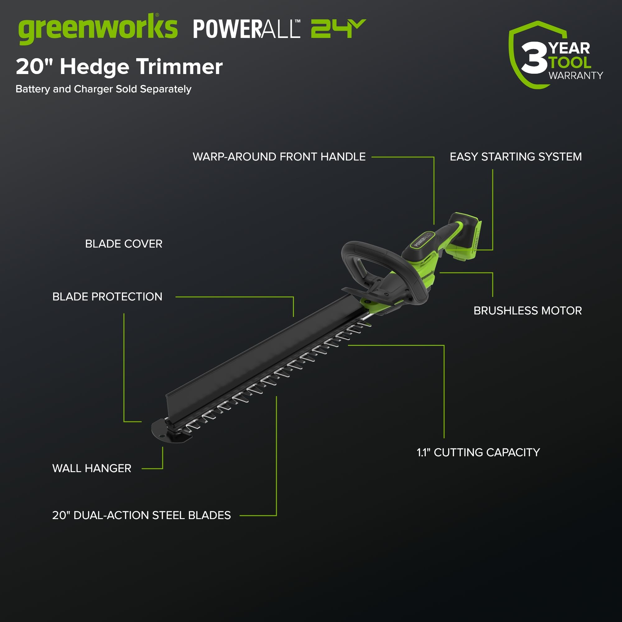 Greenworks Akumulatorowe nożyce do żywopłotu 24 V 51 cm, silnik bezszczotkowy, 28 mm podwójne ostrze, zintegrowana wymiotka Hedge Sweeper, ergonomiczny uchwyt, tylko narzędzie HT2002DA1