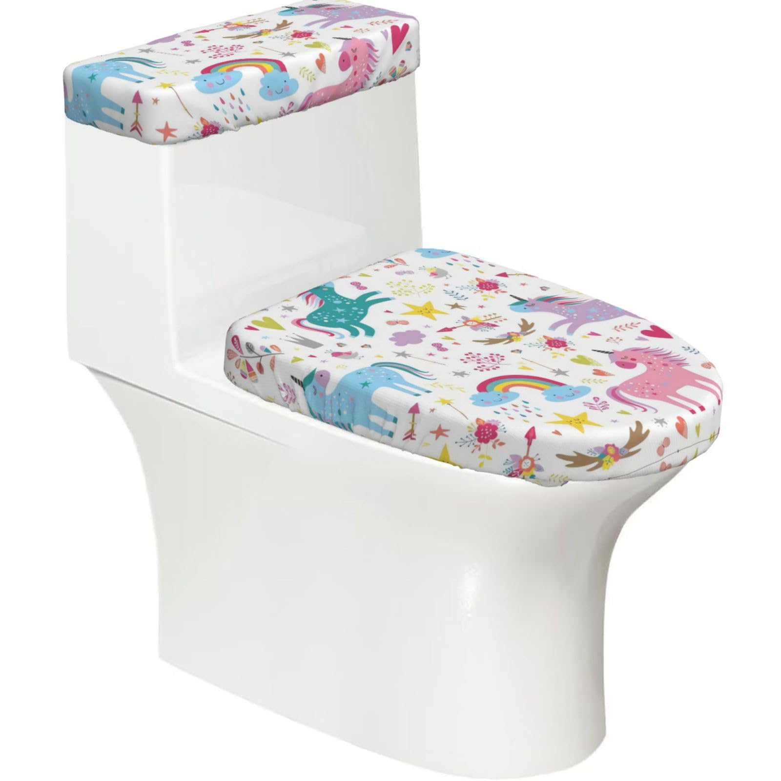 Wzycwb Black Unicorns Pink 2-Piece Toilet Seat Cover Set With Tank Lid, Elastic Fit For U-Shape & Elongated Toilets, Bathroom Decor, Housewarming Gift
