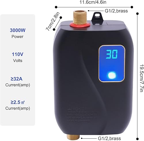Miniatura 8 de Mini calentador de agua instantáneo eléctrico 3000 W 110 V sin tanque calentador de agua caliente con pantalla digital LCD para grifo de lavado de