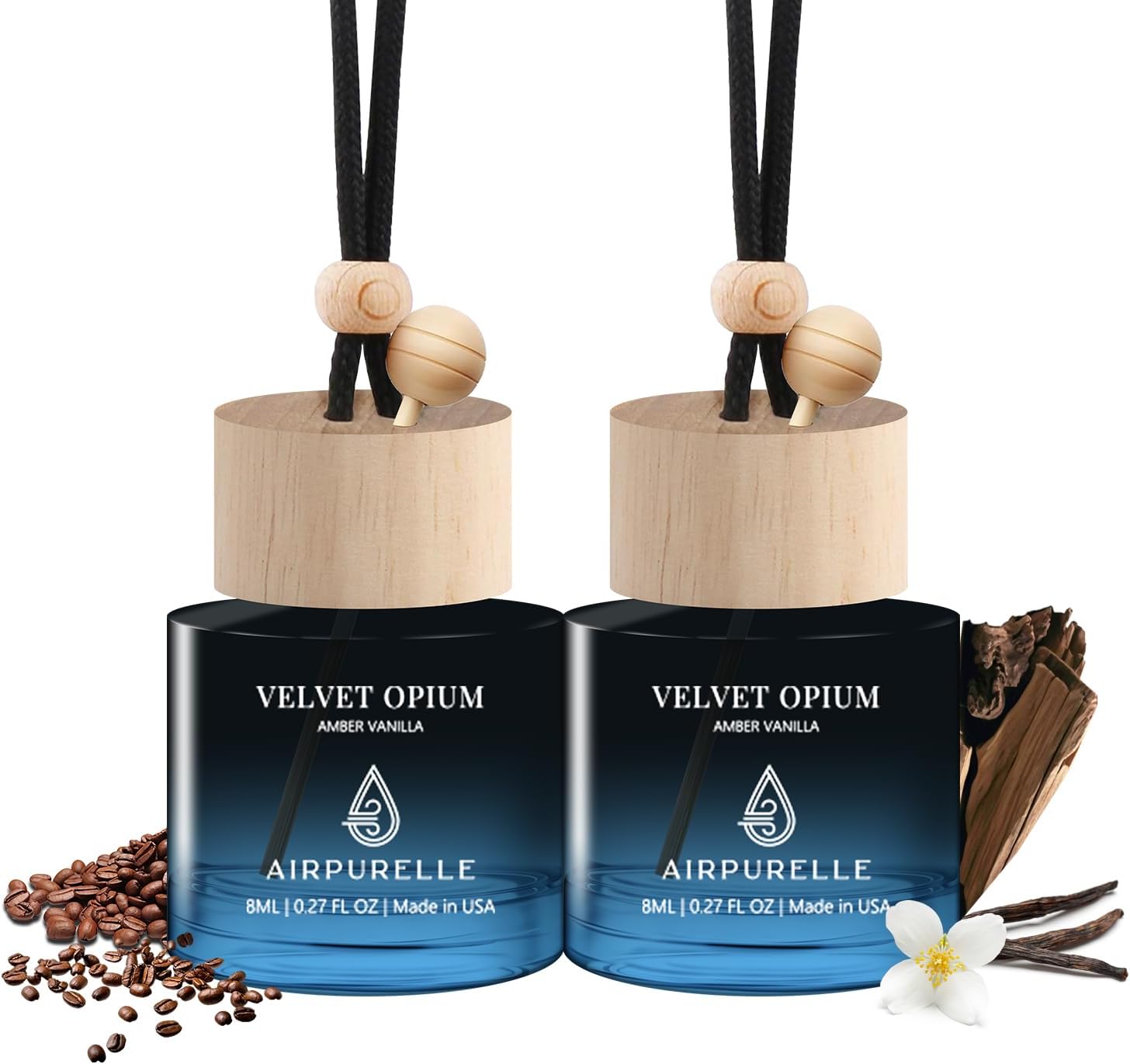 Car Air Freshener Hanging 2 Pack Car Fresheners Diffuser - Amber Vanilla Car Scents Essential Oil Air Diffuser, 45+ days Long Lasting Fragrance Air Fresheners, Two 0.27 FL OZ/8ML Made in USA