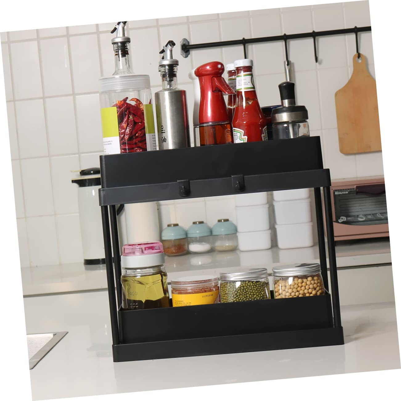 Spülbecken Organizer Unterschrank Ausziehbarer Küchenorganizer mit 2 Ebenen Abs Wasserableitend für Küche und Bad Schwarz