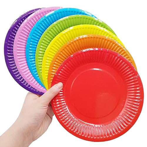 PIQIUQIU 70 Stück DIY bunte Pappteller - 18 cm runde Partyteller in Regenbogenfarben, für Geburtstage, Grillabende Picknick DIY Malerei