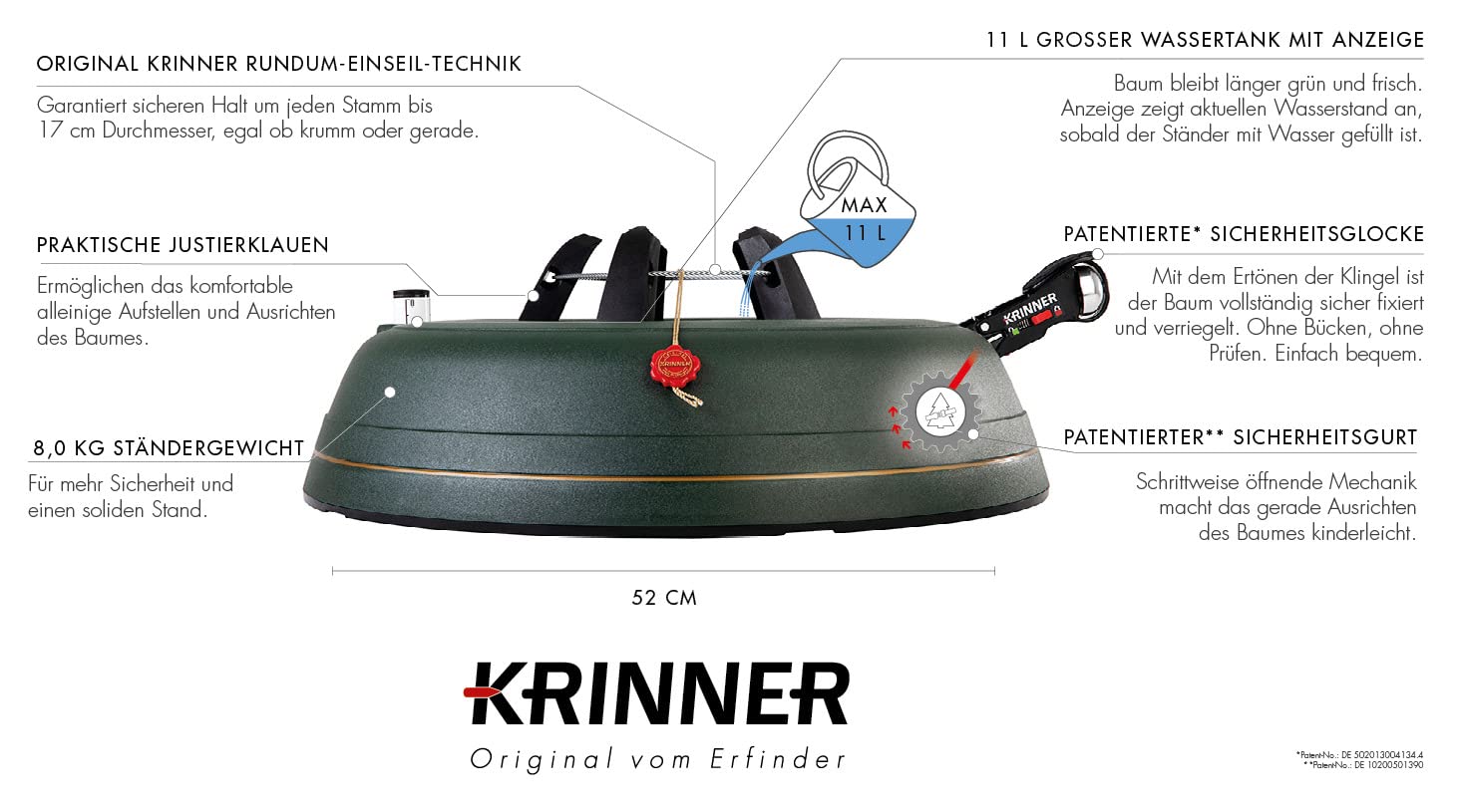 KRINNER® Ultra Grip XXL Christbaumständer Weihnachtsbaumständer inkl. Einseiltechnik Fußpedal mit Sicherungsglocke und 11,0 Liter Wassertank für Baumhöhe bis 4,0m Made IN Germany 94255, Grün (Matt)