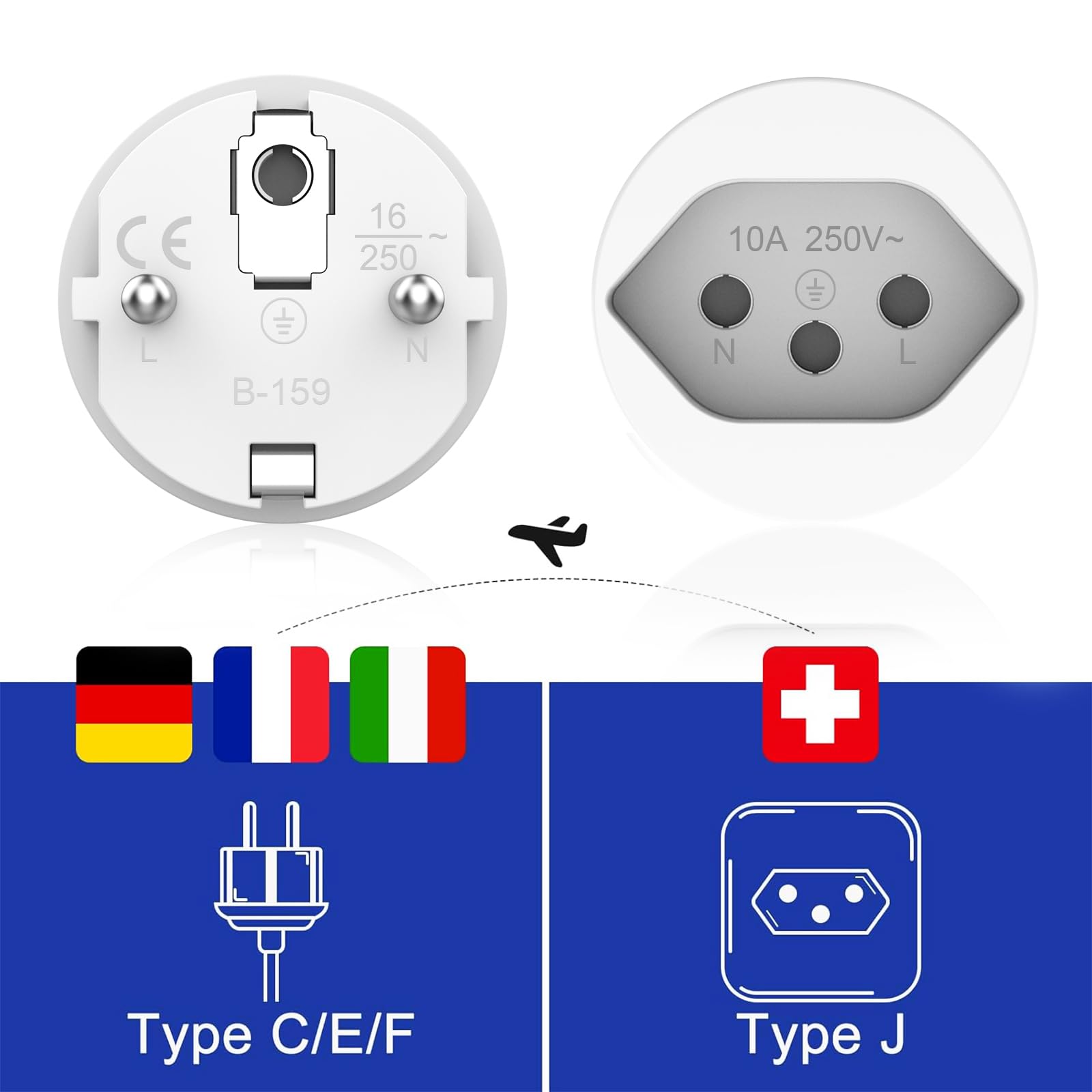 Adaptateur de Voyage Prise Adaptateur Suisse vers UE, 3 Pièces Adaptateur de Prise de Voyage Suisse vers UE, Prise Adaptateur Liechtenstein vers UE Prise Suisse Prise Française 2 Broches