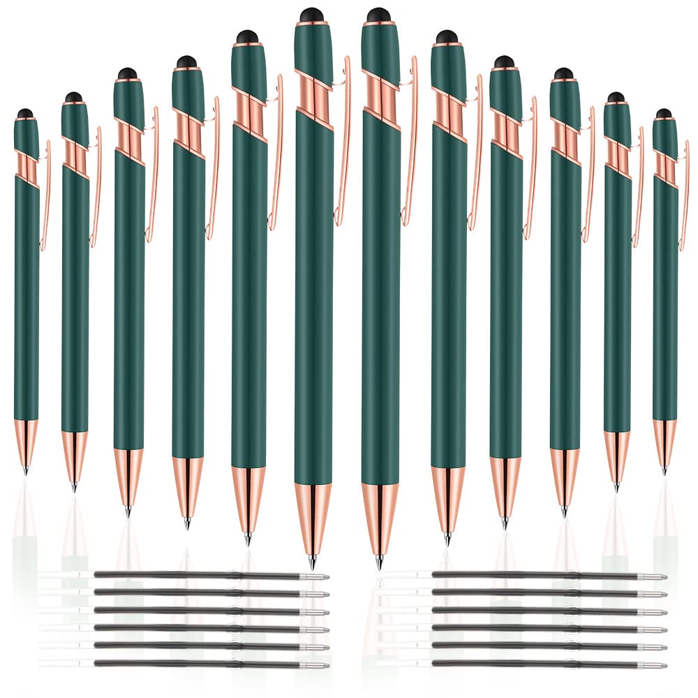 12 PCS 2 in 1 Stylus Ballpoint Pen with Stylus Tip, 1.0 mm Black Ink Metal Pen Stylus Pen for Touch Screens (Rose Gold & Green)