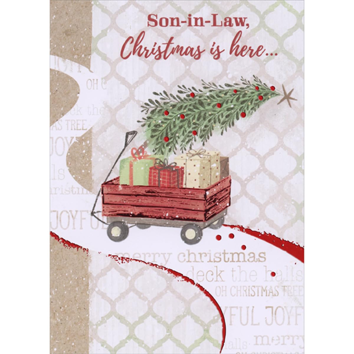 Designer Greetings Red Wagon with Foil Accents Filled with Gifts on White Path Christmas Card for Son-in-Law