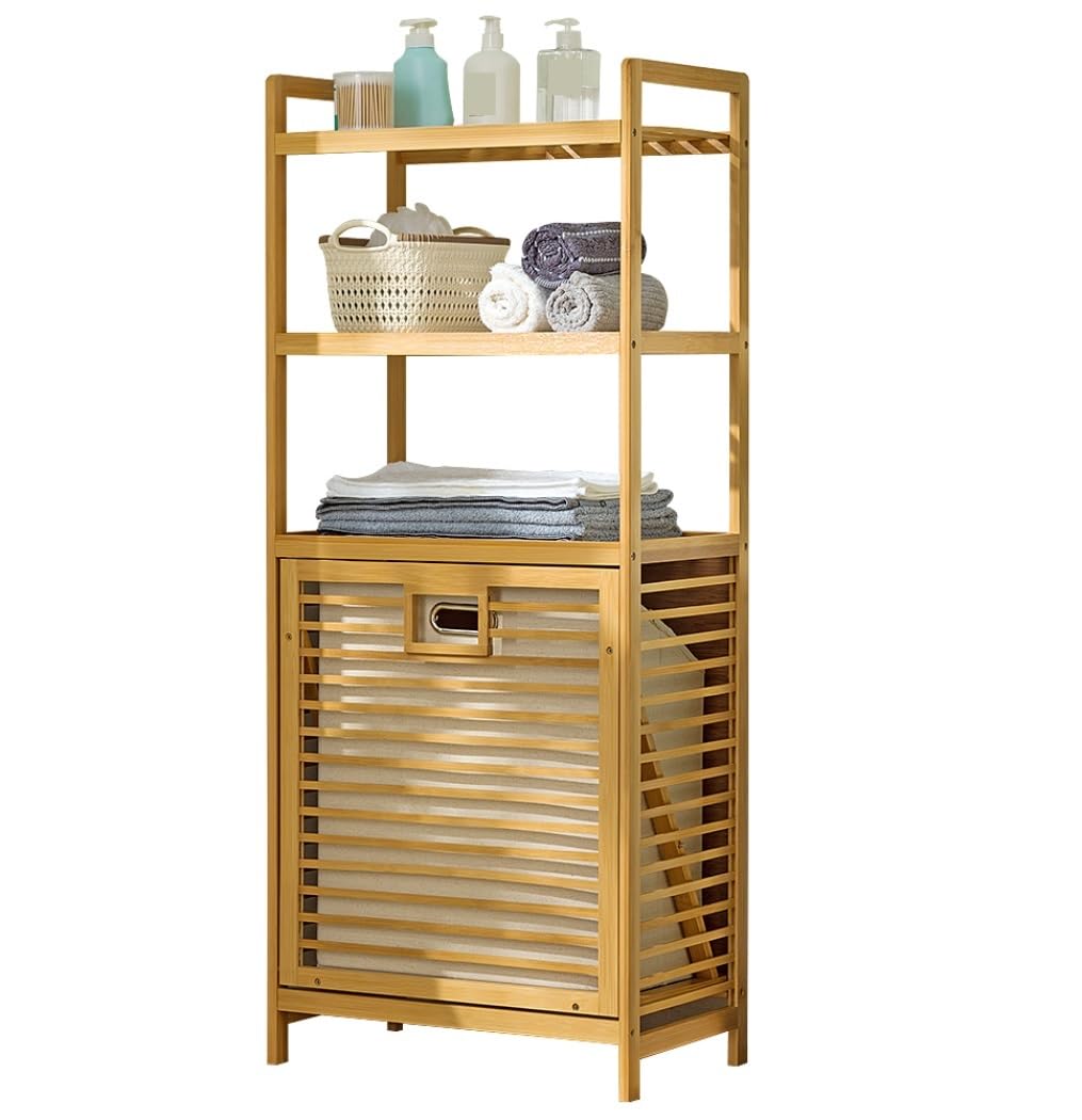 Storage Clothes Bamboo Laundry Hamper 3-Tier Storage Shelves Freestanding Clothes Basket Organizer Stand Shelf Organizer Nursery(40 * 30 * 119cm)
