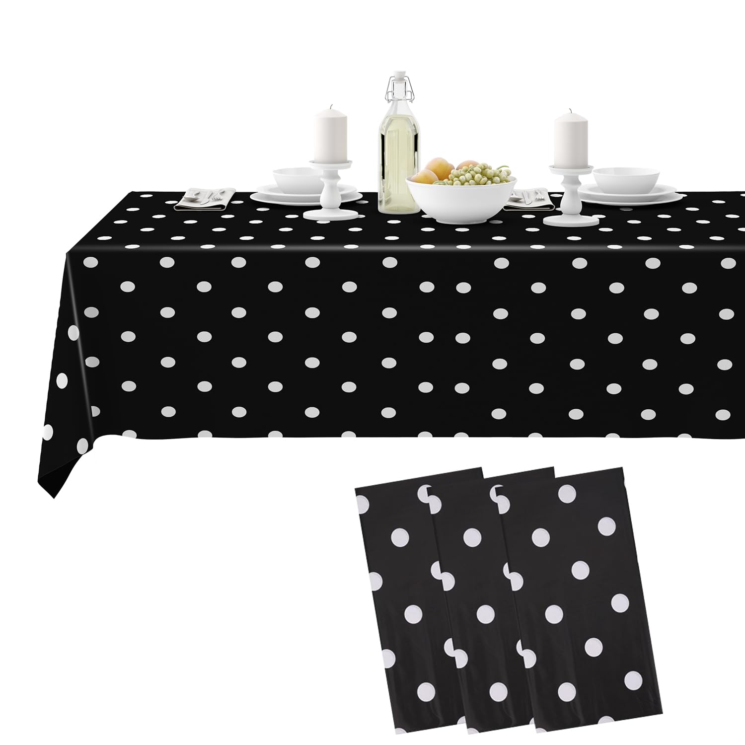Trimming Shop Plastic Disposable Tablecloths, 3 Pack Party Table Cover, Black Polka Dot Confetti Rectangular Table Cloths for Parties, Picnic, Christmas, Birthday, Baby Shower Decorations 54" x 108"