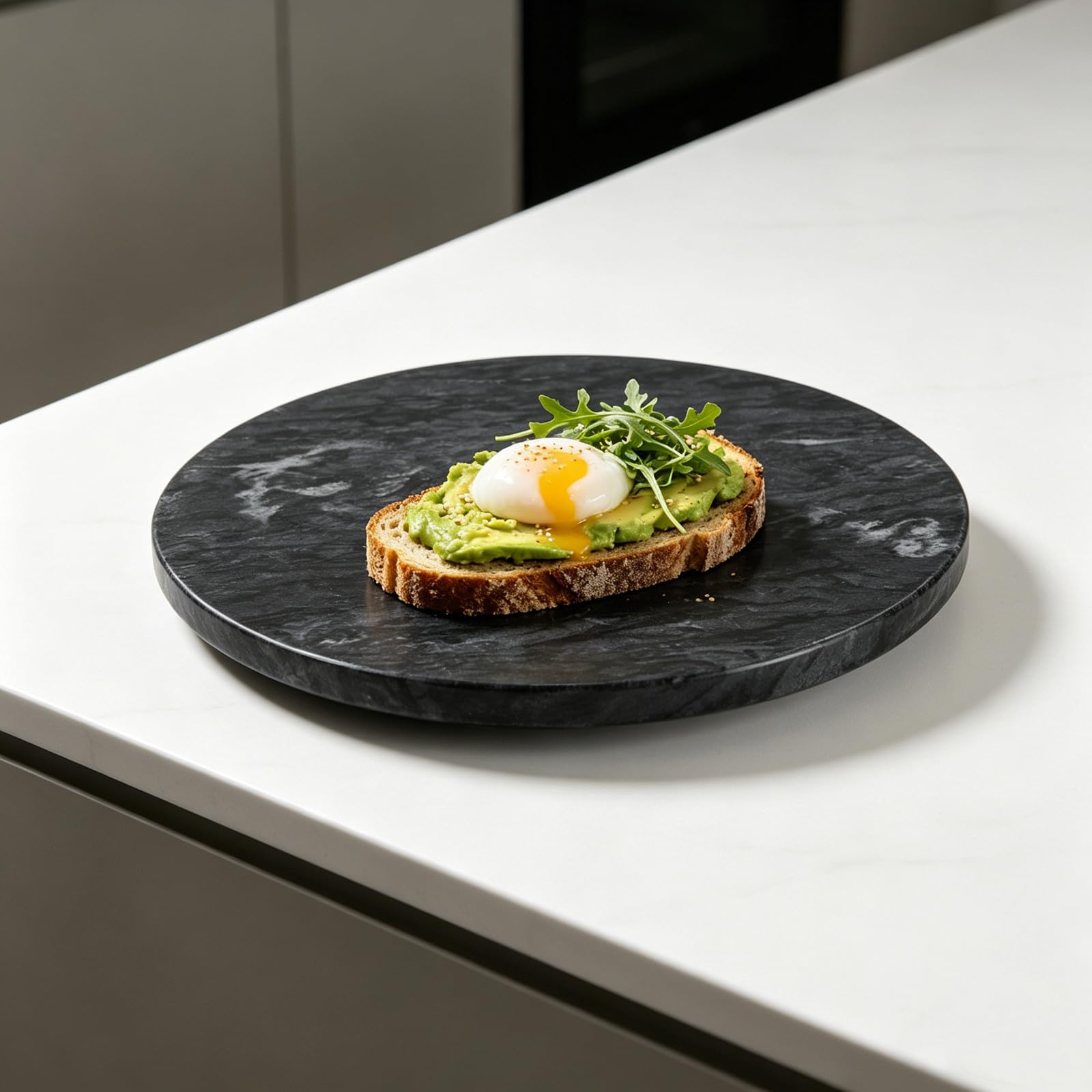 jojofuny Bandeja Antideslizante y Resistente a Derrames Redonda de Mármol Natural Negro Textura Única Adecuado para Servir Desayuno Organizador Elegante