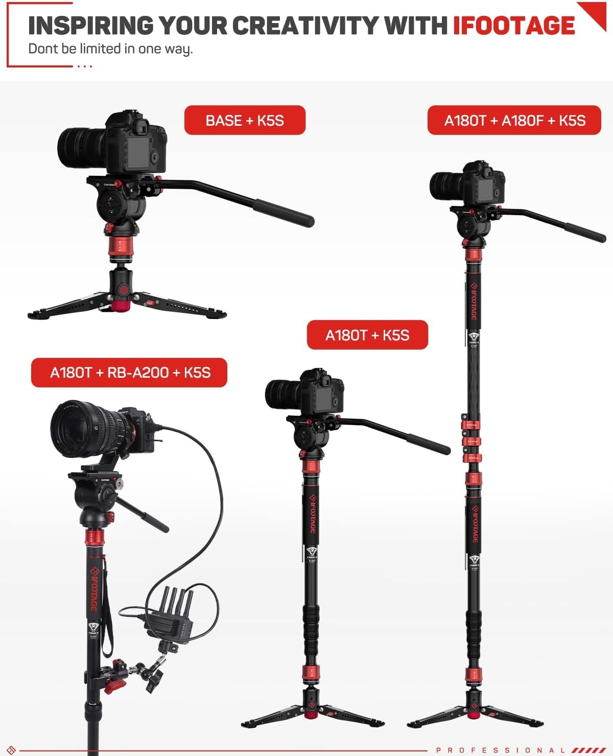 IFOOTAGE Cobra 3 A180T Fotografie-Kamera-Einbeinstativ mit Standfüßen, Drehverschluss-Design für monopod stativ mit abnehmbarem Stativfuß, Canon, Nikon, Sony, DSLR & Videokamera