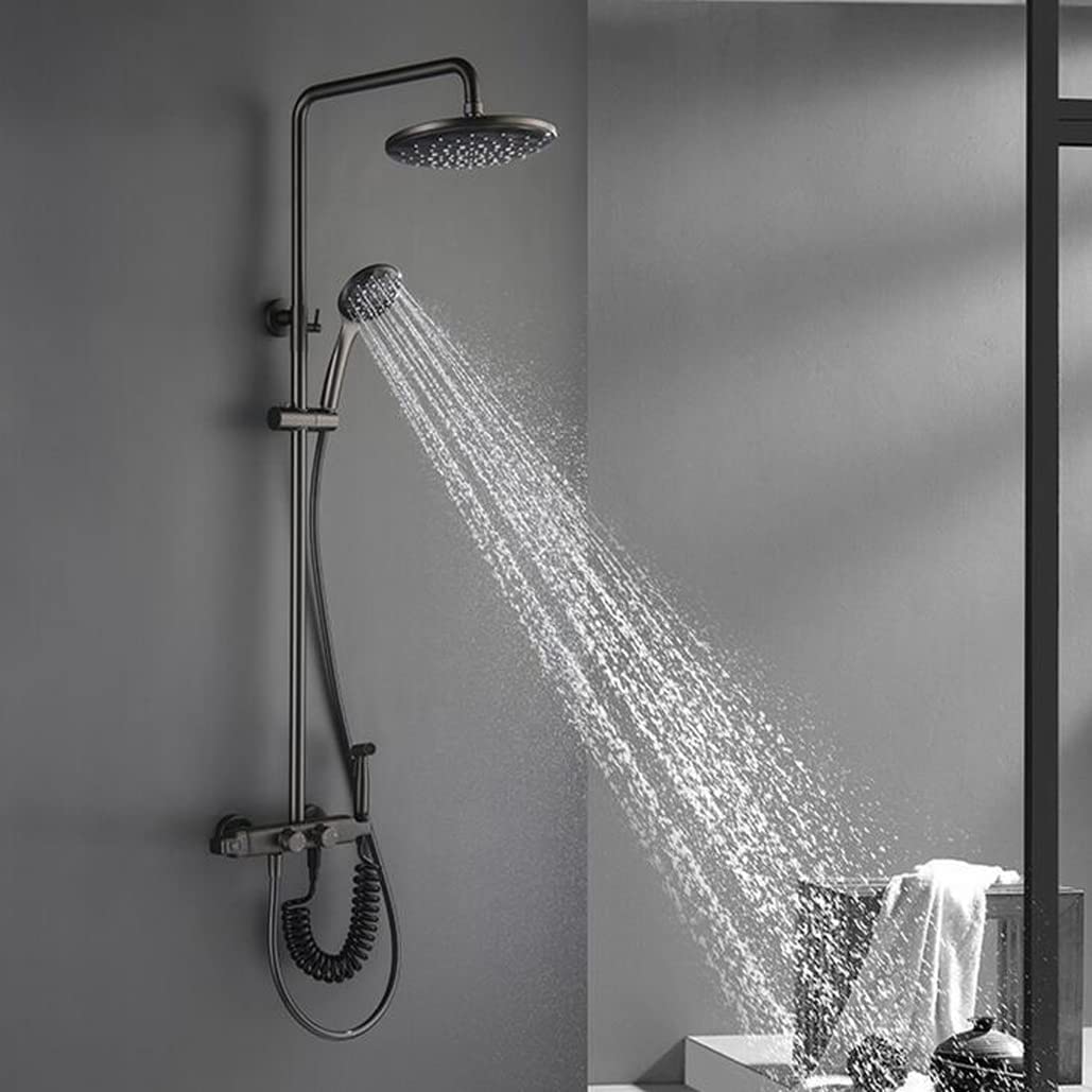NGDFGR Shower Thermostatic Gun Gray Wall Mounted Brass Diverter Rain Mixer Bathroom Shower Taps Set With 8 In Rainfall Shower Head And Handshower, Luxury Shower Set,A Interestin,size_name-A
