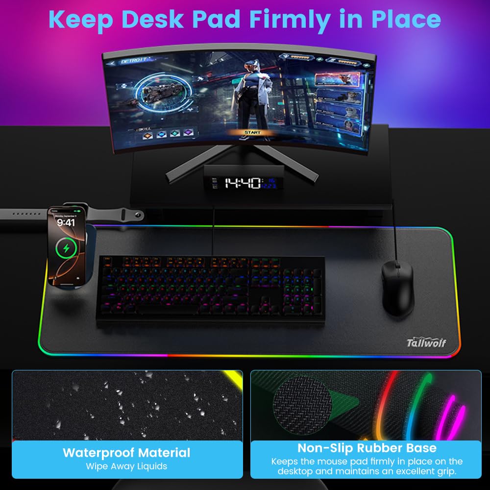 Tappetino per mouse 3 in 1 con ricarica wireless, 80 x 30 cm, RGB con ricarica wireless magnetica, 15 modalità di illuminazione, base antiscivolo, tappetino per tastiera impermeabile, nero