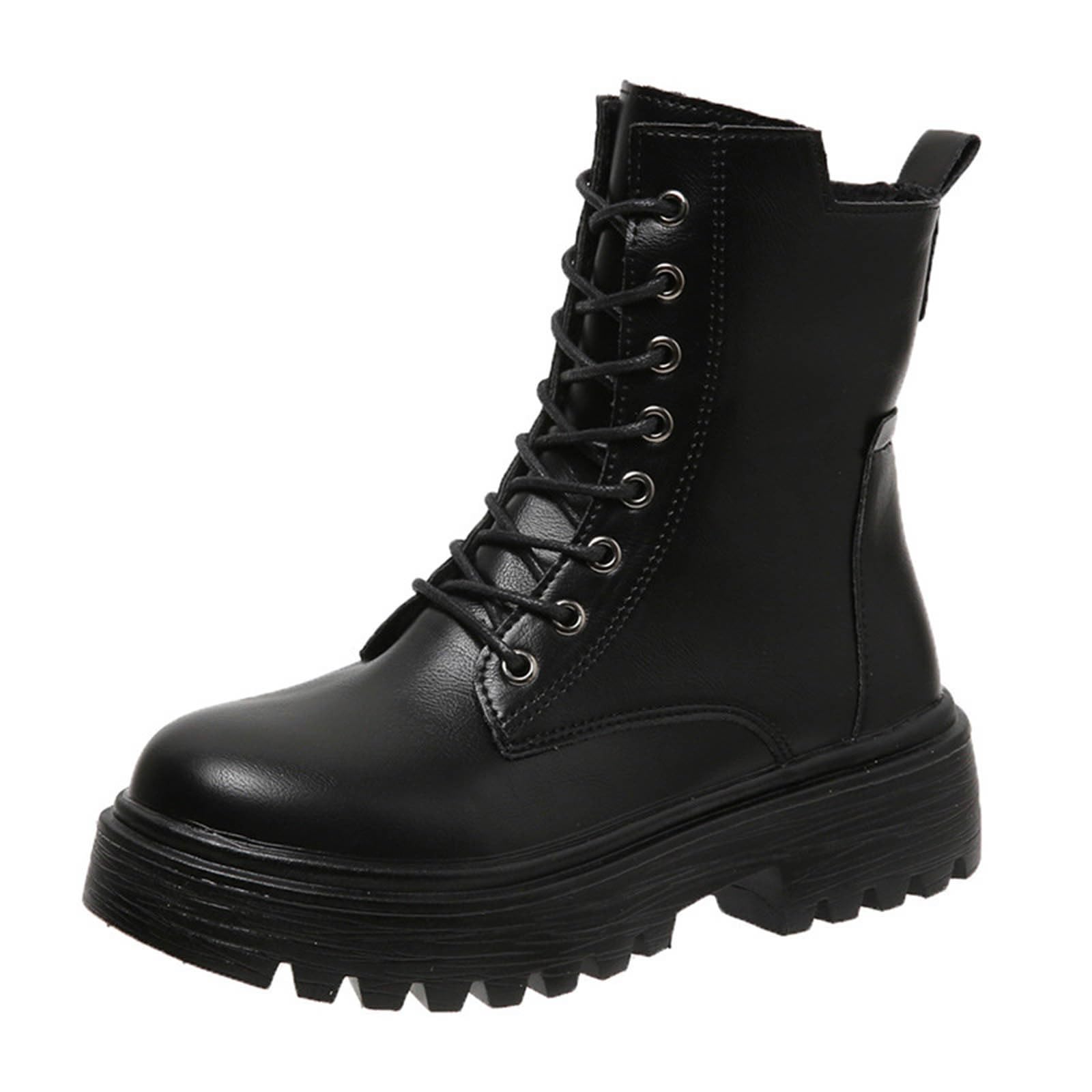 Womens Combat Boots Lace-up Platform Retro Round Toe Side Zipper Chunky Heel Lug Sole Comfort Non-Slip Biker Ankle