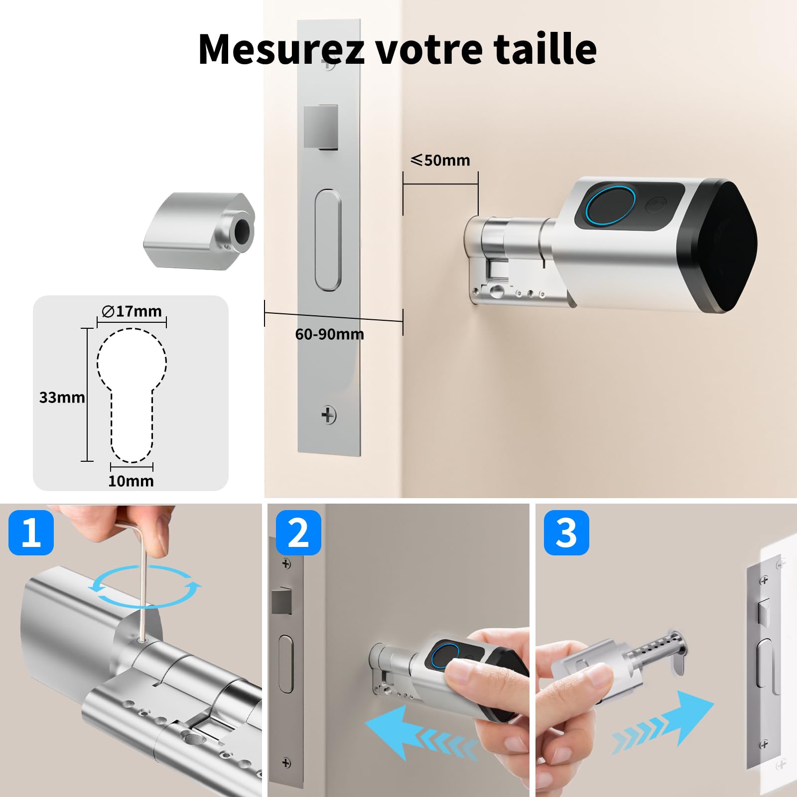 Serrure connectée, serrure électronique à empreinte digitale, longueur réglable Smart Lock, serrure électronique avec carte RFID, application, WiFi, Bluetooth, 60–90mm, accessoires de rallonge, argent