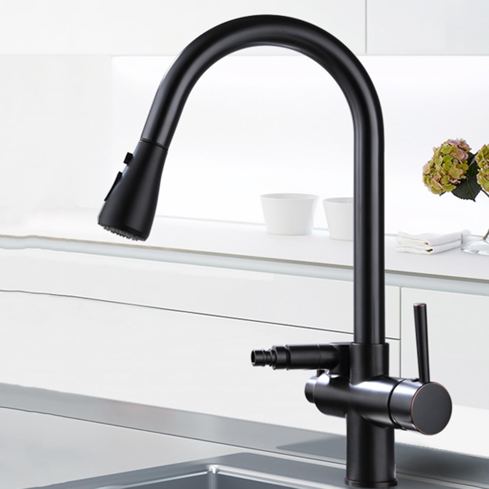 ZQFHSX Kitchen Tap with Dishwasher Connector, Pull Out Swivel, Hot and Cold Water, Double Handle, Brass Construction, Ideal for Sink