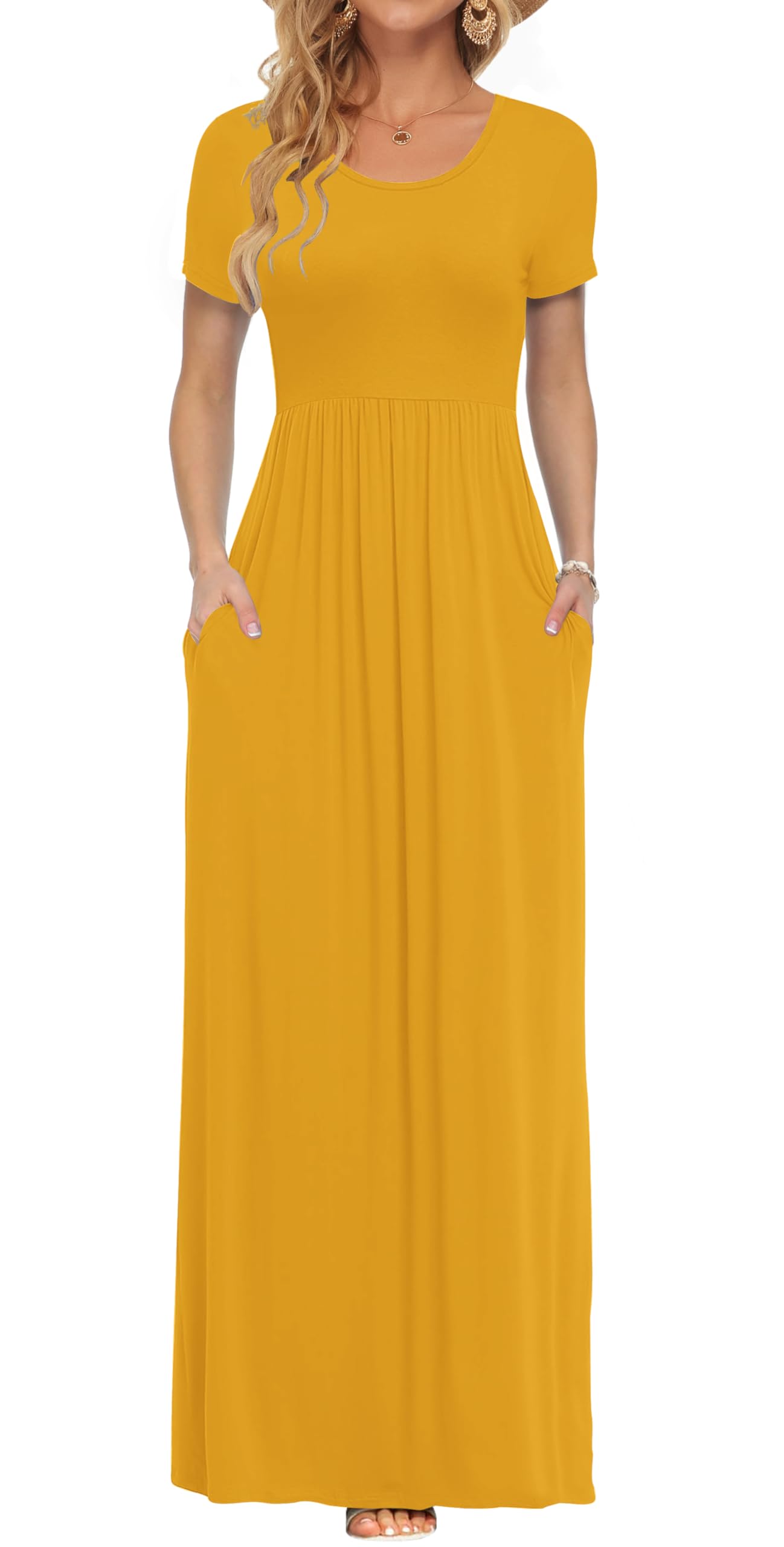 AUSELILY Damen Kurzarm Sommer Casual Long Maxi Kleider mit Taschen
