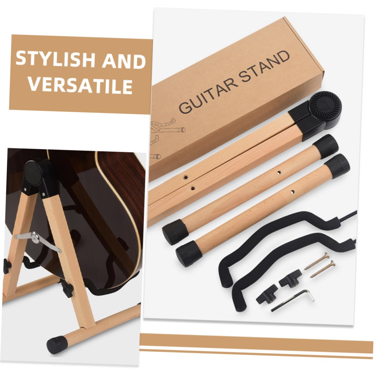 PartyKindom Soporte De Guitarra De Pie Plegable Estructura En Madera De Haya Natural, Compatible Guitarra Acústica, Eléctrica, Ukelele, Adecuado Para Músicos En Movimiento