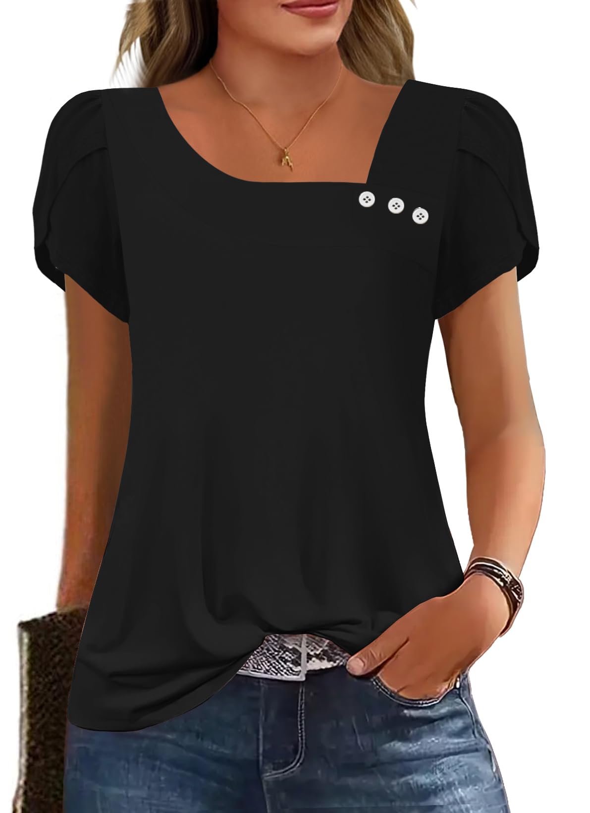 Womens Petal Sleeve Tops Summer Trendy T Shirt Casual Loose Square Neck Button Blouse Tees