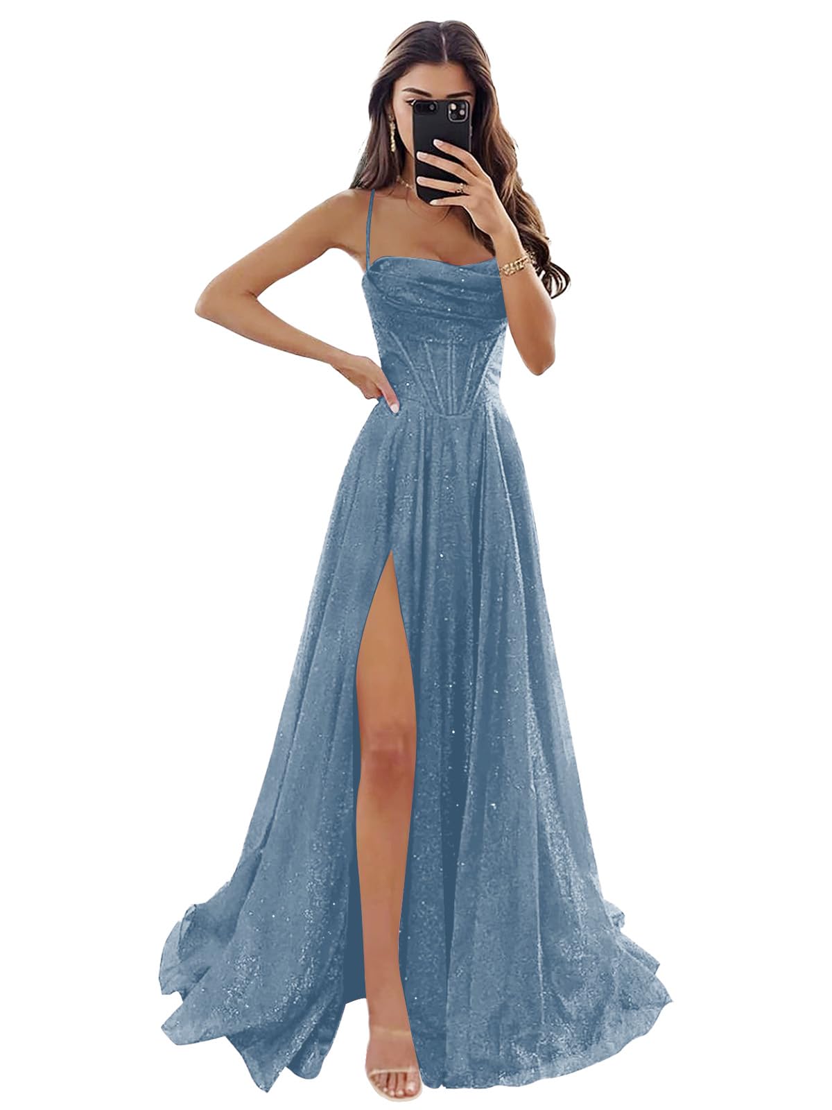 Women's Spaghetti Straps Glitter Tulle Prom Dress with Slit Cowl Neck Long Formal Dress Evening Gown