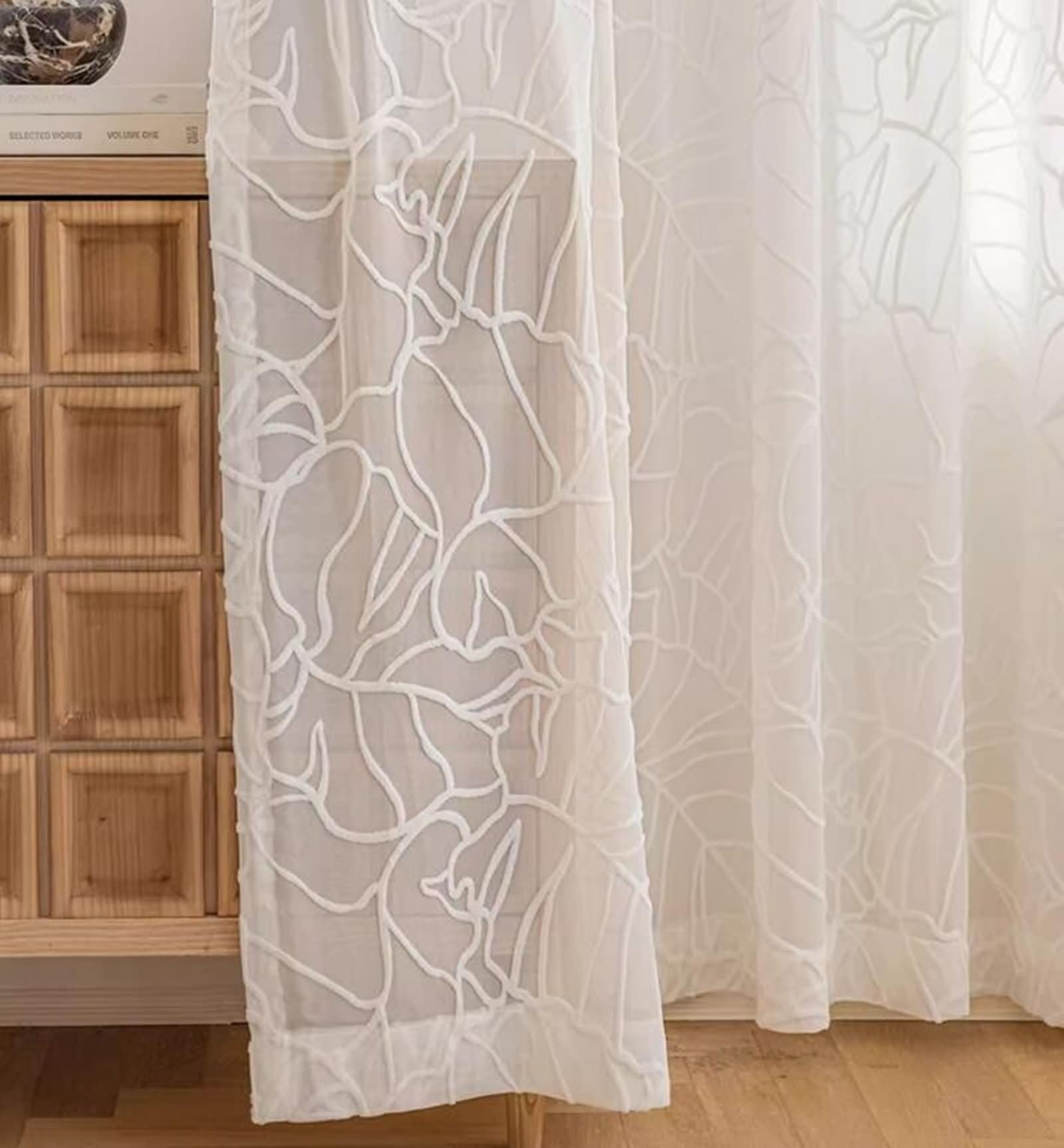 Zasłona okienna kuchnia, nowoczesne zasłony do salonu biały wzór liści mieszanka poliestru i bawełny zestaw 2 szt. 86 W x 183L cm