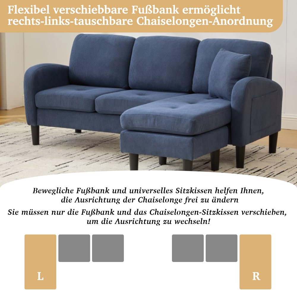 Divano angolare con chaise longue intercambiabili,divano 2-3 posti con 1 cuscino,tasche laterali,Divano imbottito,Gambe per sedie in plastica,design modulare,Velluto a coste,Blu(166x118x77 cm)