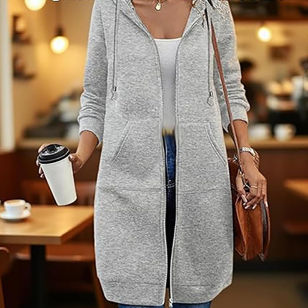 Generisch Felpa con cappuccio, lunga tunica, maglione casual in pile con cerniera, da donna, con tasche laterali, taglie forti, blu navy, XXXL