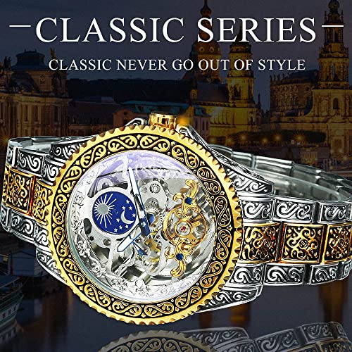FANMIS Retro Mens Luxury Engraving Wrist Watches Moon Phase Tattoo Pattern Carved Self-Wind Mechanical Stainless Steel Band Luminous Automatic Skeleton Watch