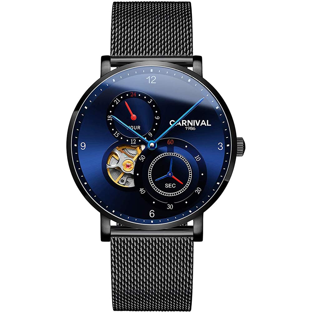 Reloj de pulsera mecánico para hombre, resistente al agua, Tourbillon, correa de malla de acero, reloj de zafiro