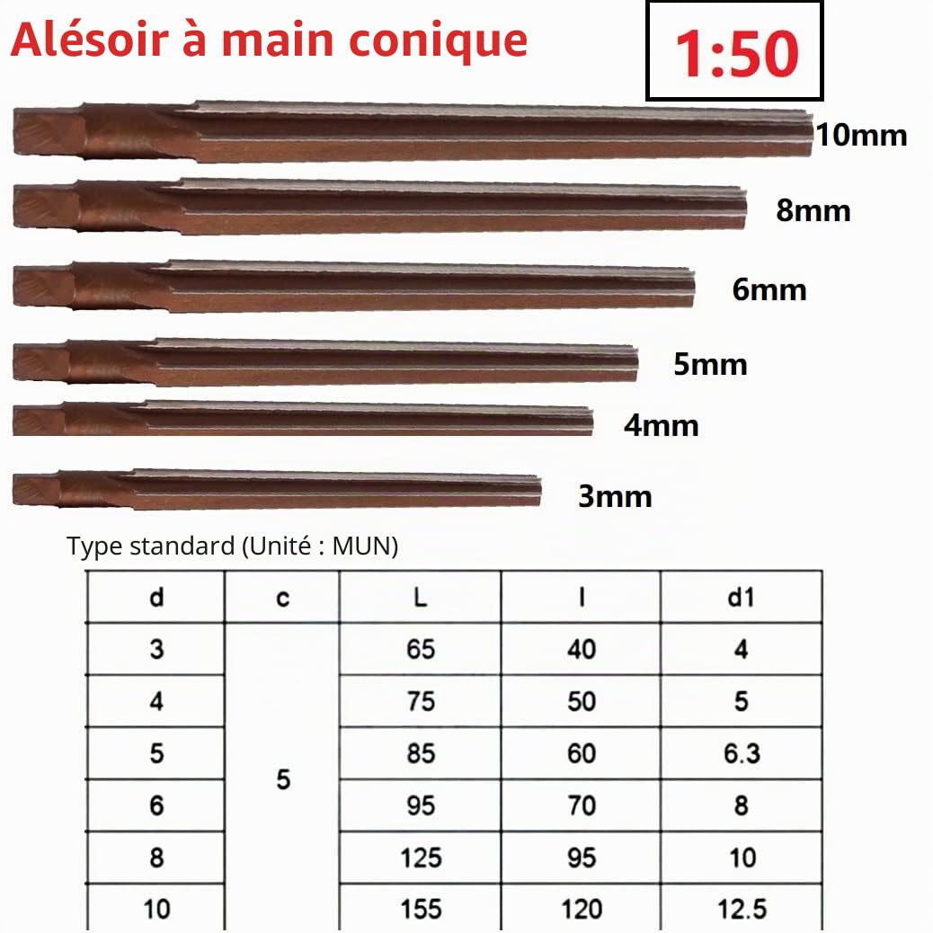 SPORTARC Lot de 6 alésoirs coniques 1:50 degrés coniques pointus manuel 3/4/5/6/8/10 mm, alésoir conique morse