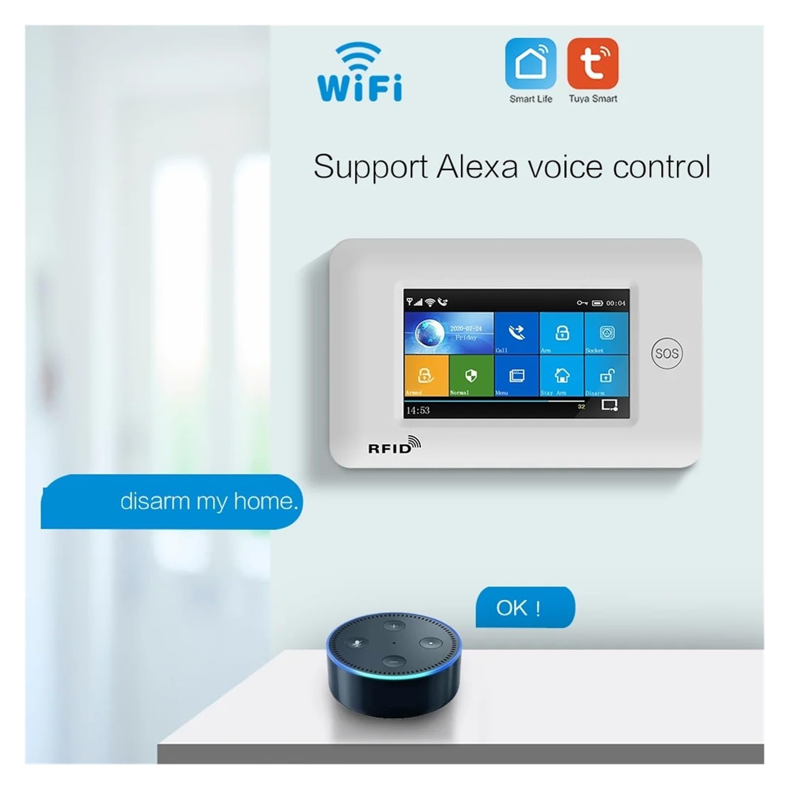 DELURA Sicherheitsalarmsystem, Full-Touch-Farbbildschirm, APP-Steuerung Mit Türsensor, WLAN, Kabelloser Intelligenter Alarm Keine Falsch-Positiv-Rate (Color : Y)