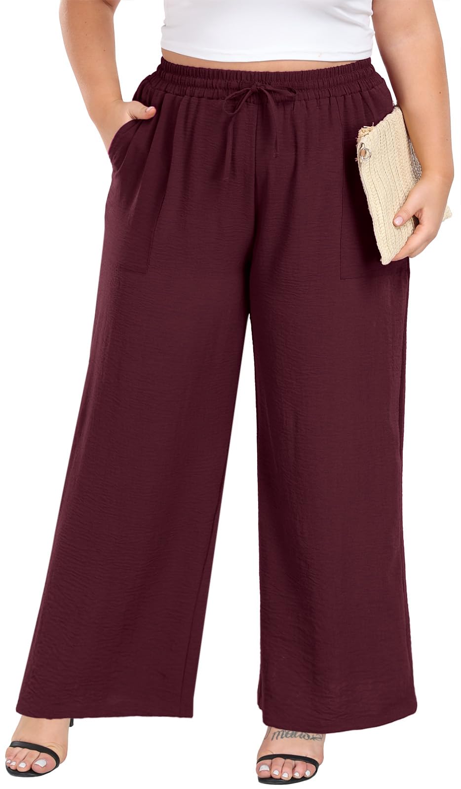 Lastshe Women's Plus Size Wide Leg Pants High Waist Loose Casual Palazzo Trousers with Pockets Spring Clothes
