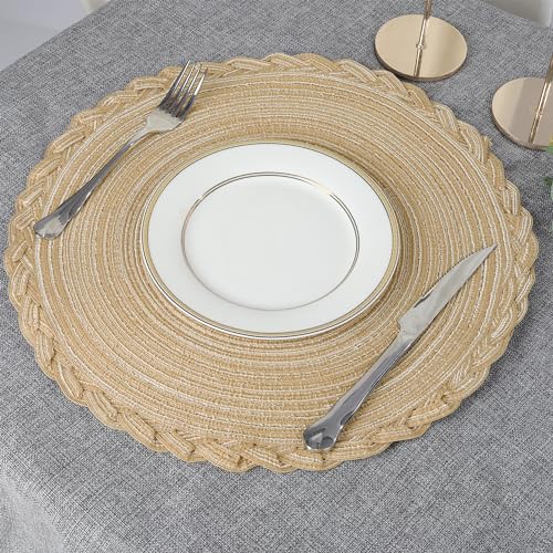 fanquare Round Woven Set of 8 Placemats, Khaki Cotton Braided Place Mats - Image 4