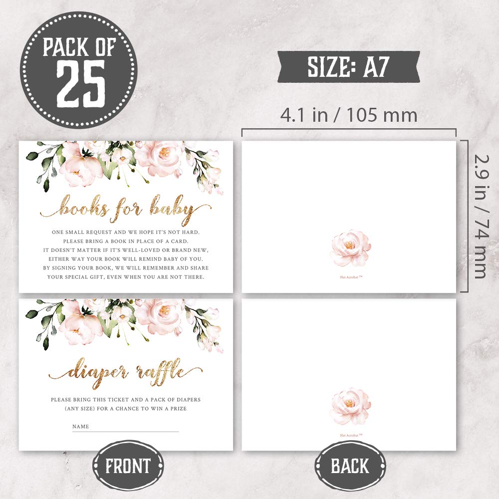Zestaw 25 różowych kwiatowych zaproszeń na baby shower, bilety na pieluchy i kartki z prośbą o książkę z kopertami od Hat Acrobat | To dziewczęce zaproszenia boho na imprezę ujawniającą płeć lub